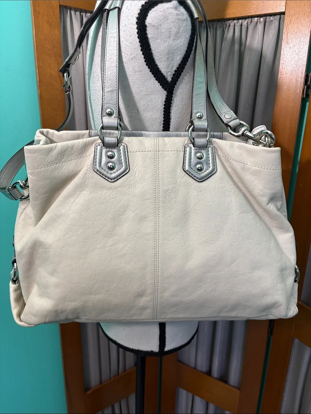 Coach Ivory Leather Tote with Silver Accents